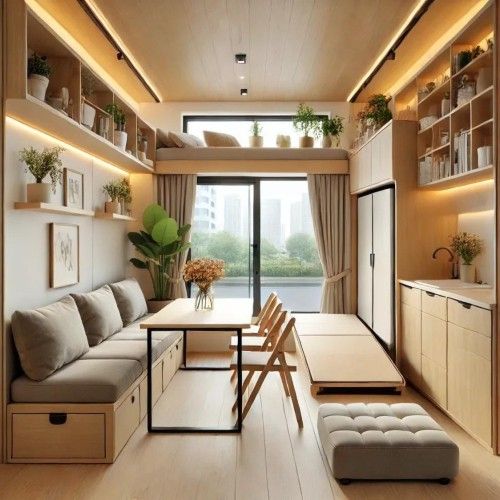 Home decor ideas for small spaces featuring light shades, mirrors, wall shelves, and compact furniture to create an open and modern living area.