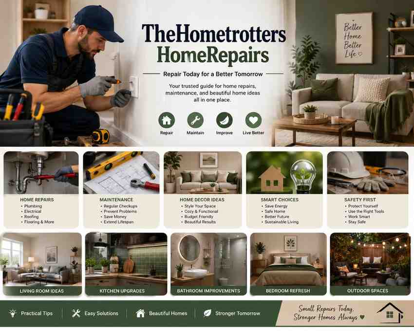 TheHometrotters HomeRepairs guide showing home repair services, maintenance tips, smart upgrades, and home decor ideas for modern homes.