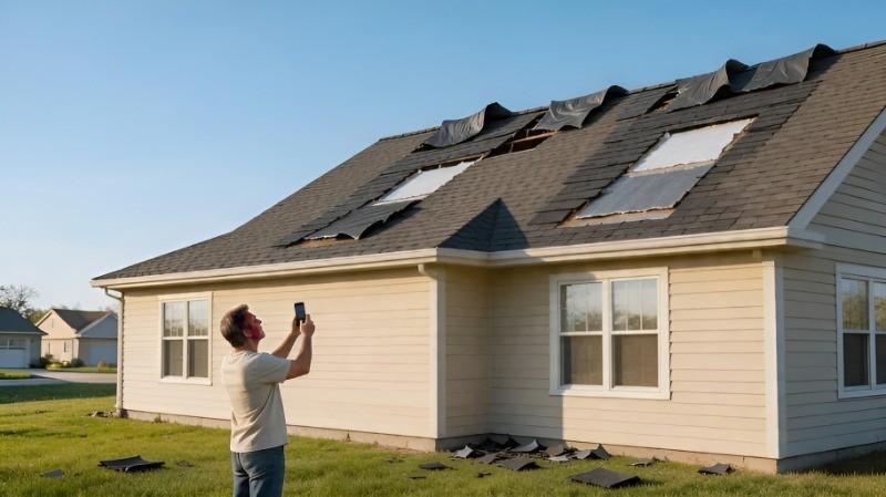 Homeowner inspecting roof damage safely from the ground