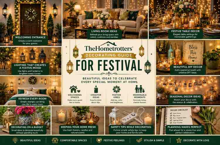 TheHometrotters Decorating Guide for Festival overview featuring festive home decor ideas, lighting inspiration, room styling, and seasonal decoration tips.