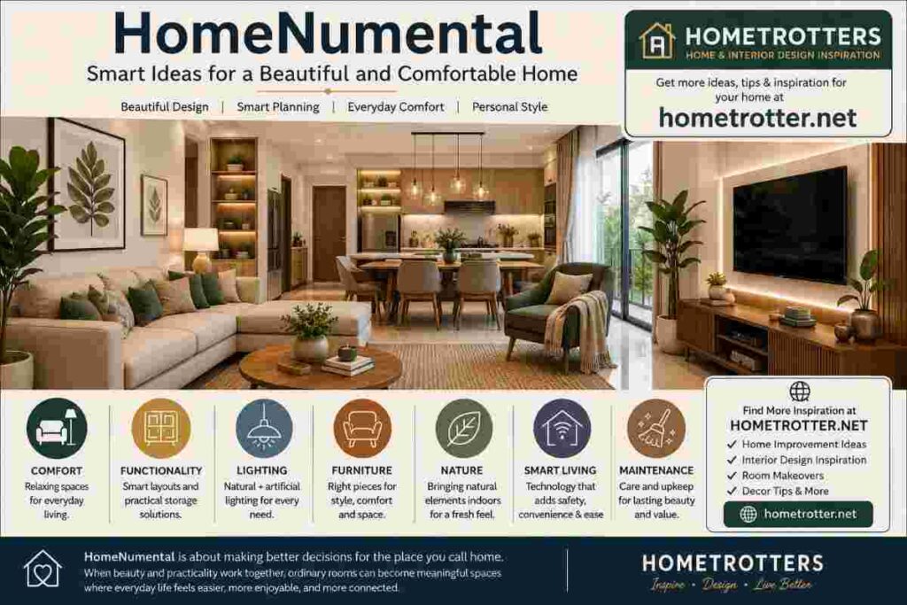 HomeNumental home design infographic featuring a modern living room, kitchen, furniture, lighting, natural décor, smart home technology, comfort, functionality