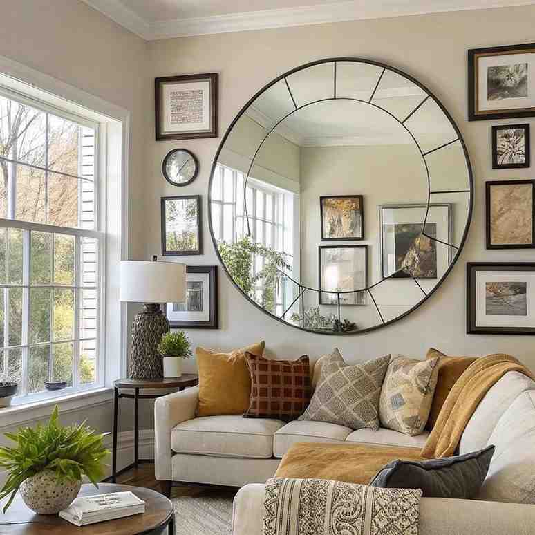 Create beautiful walls with decor and mirrors in modern living room with large round mirror and wall art