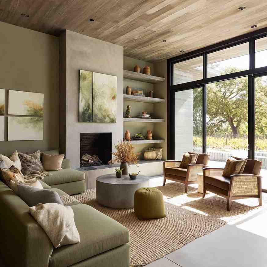 natural interior design 2026 with wood furniture and earth tone living room