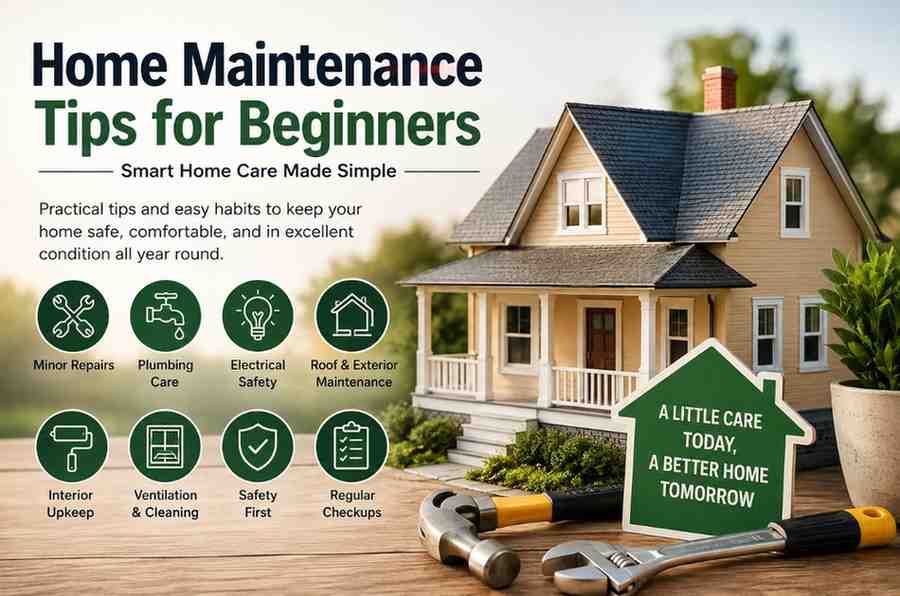 Home Maintenance Tips for Beginners infographic with icons for repairs, plumbing, electrical safety, cleaning, and home care.