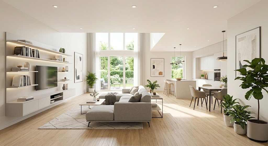 Home Upgrading Advice featuring a bright living room layout with warm lighting and wooden flooring.